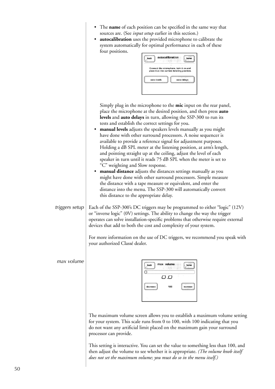 Classe Audio SSP-300 owner manual Triggers setup Max volume 