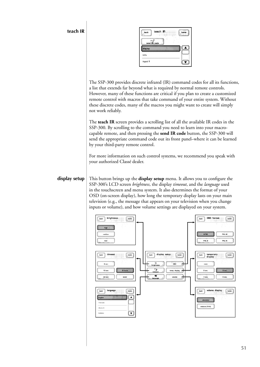 Classe Audio SSP-300 owner manual Teach IR Display setup 