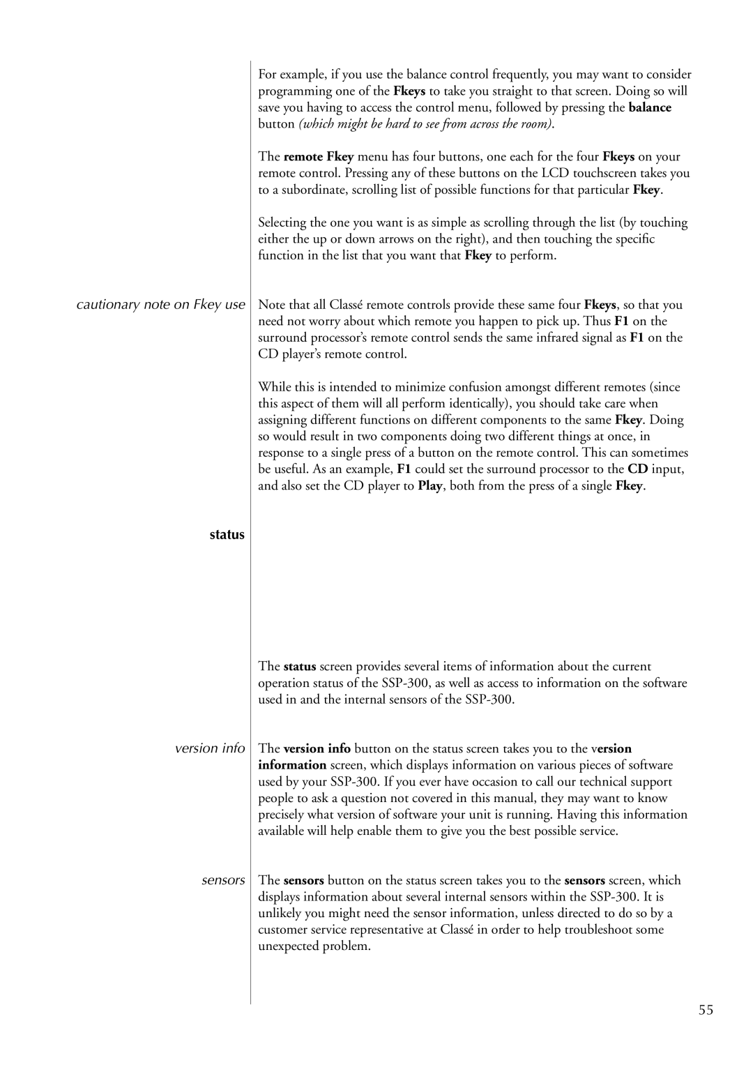 Classe Audio SSP-300 owner manual Status, Version info Sensors 