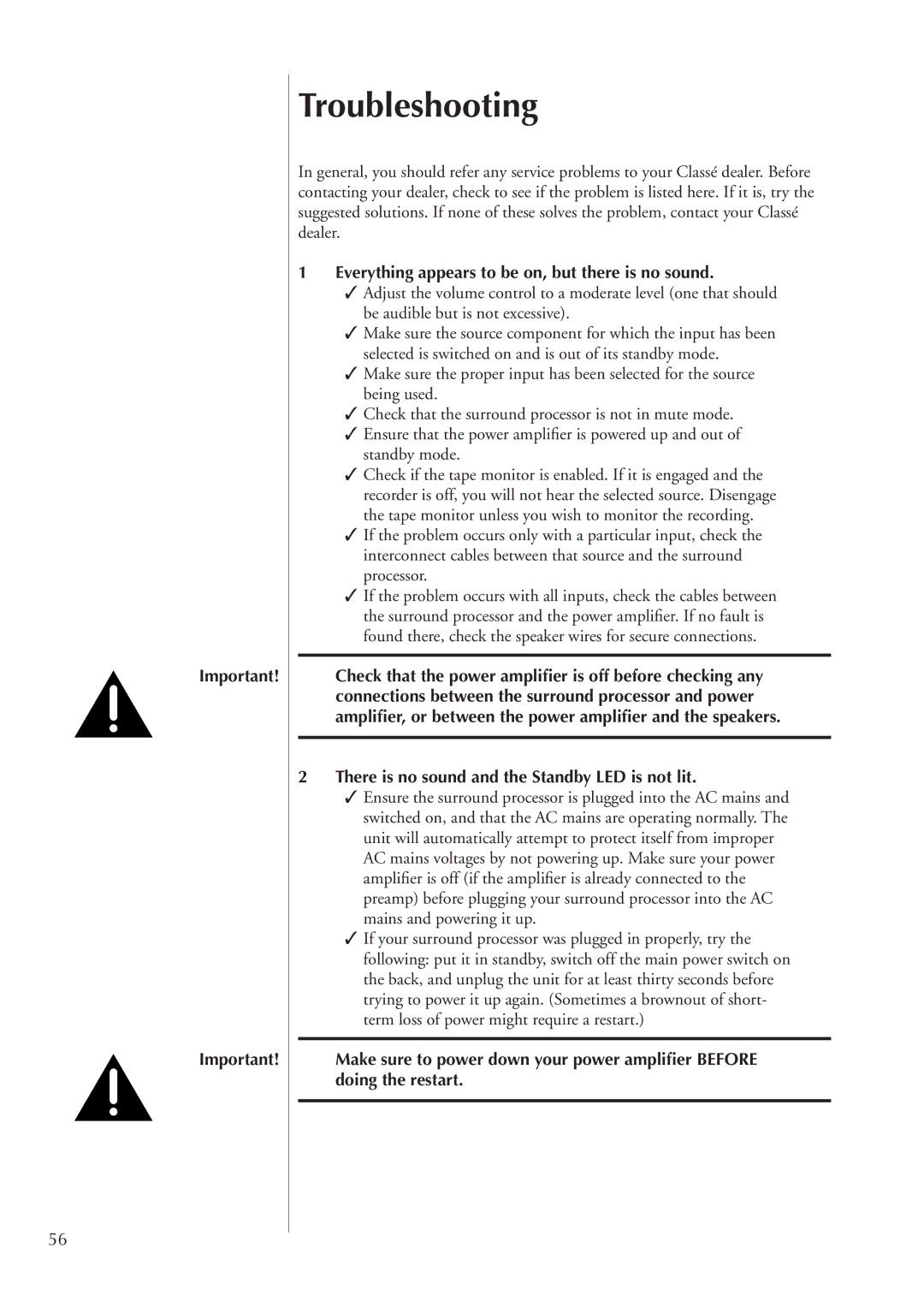 Classe Audio SSP-300 owner manual Troubleshooting, Everything appears to be on, but there is no sound 