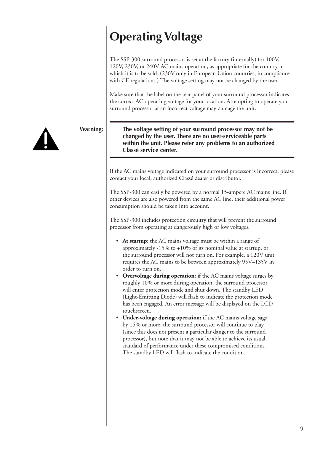 Classe Audio SSP-300 owner manual Operating Voltage 