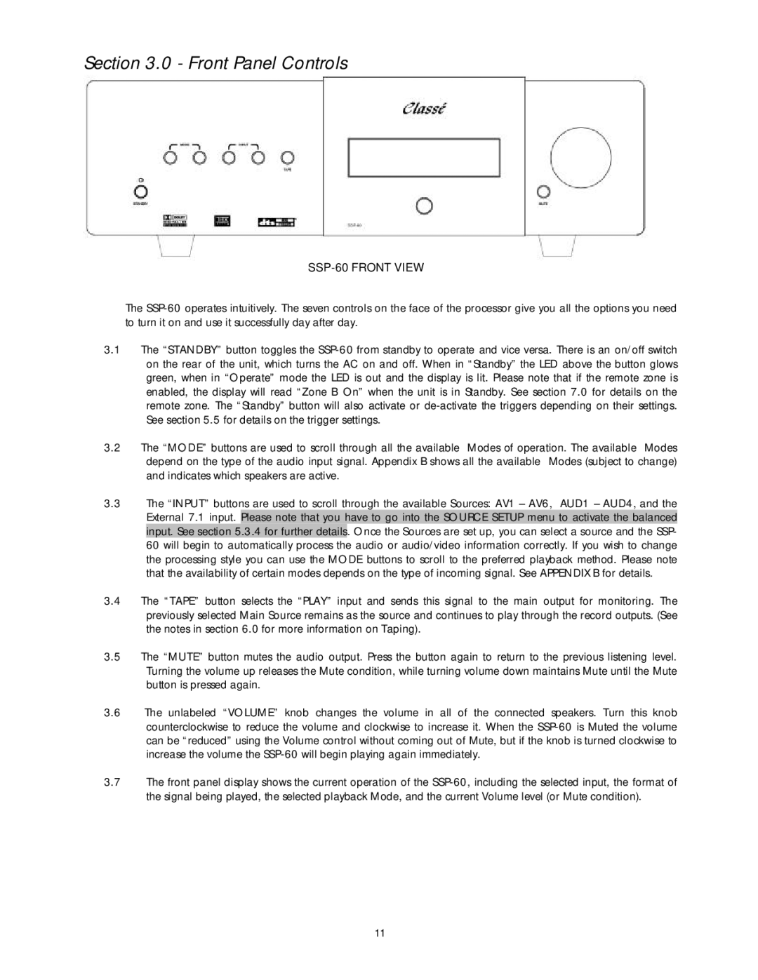 Classe Audio owner manual Front Panel Controls, SSP-60 Front View 