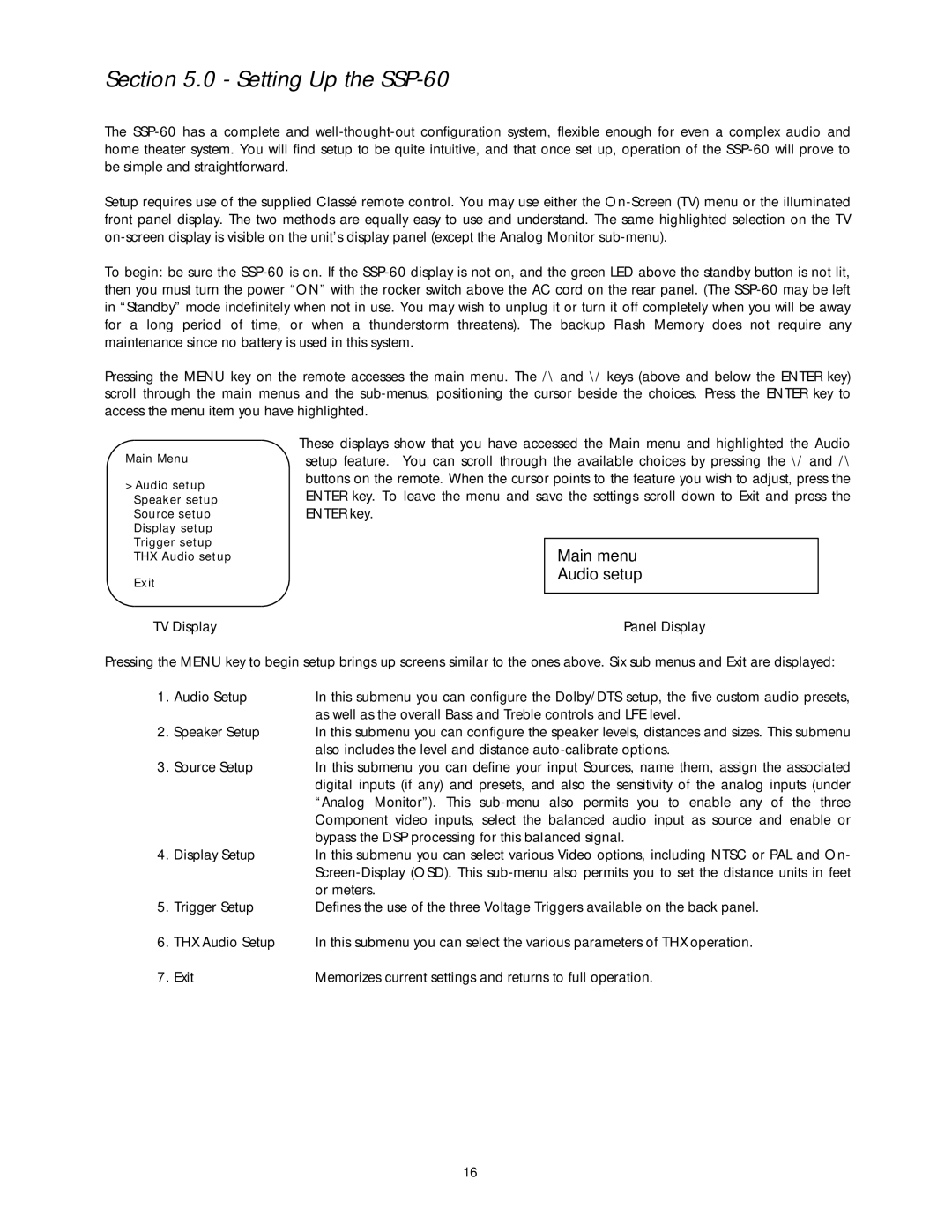 Classe Audio owner manual Setting Up the SSP-60, Main menu Audio setup 