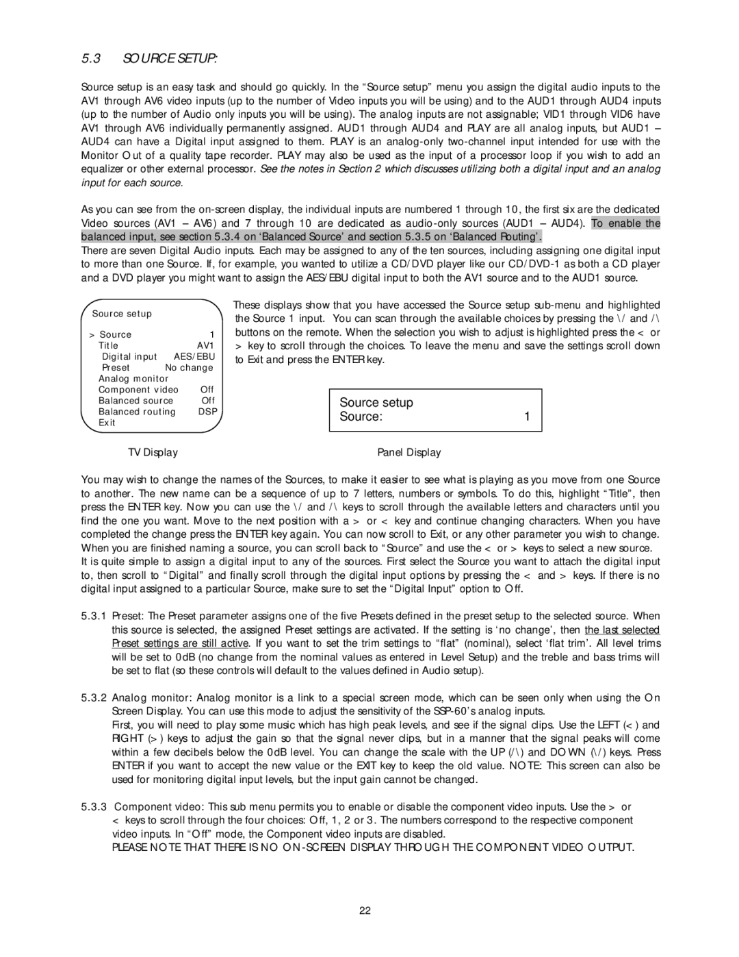 Classe Audio SSP-60 owner manual Source Setup, Source setup Source1 