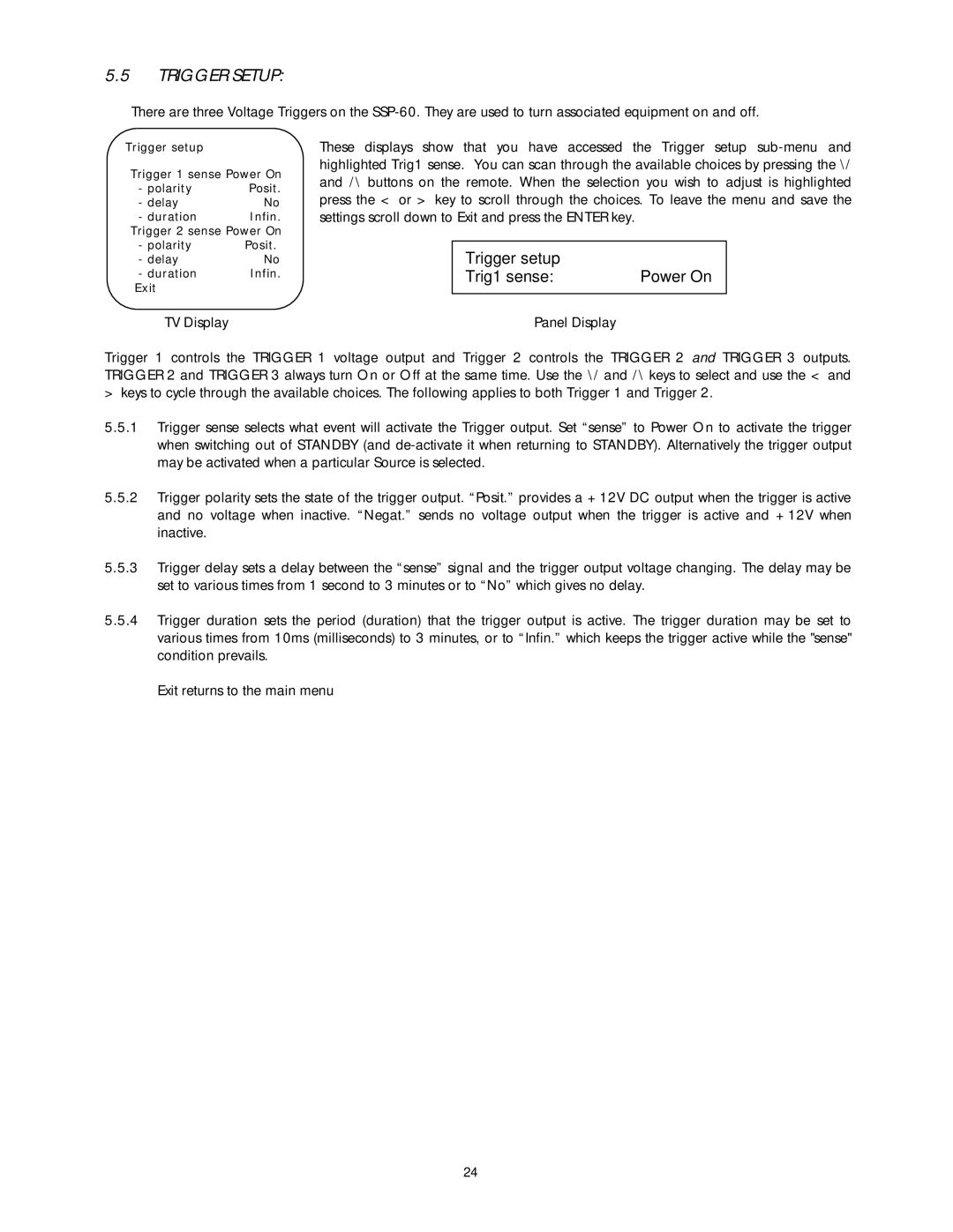 Classe Audio SSP-60 owner manual Trigger Setup, Trigger setup Trig1 sense Power On 