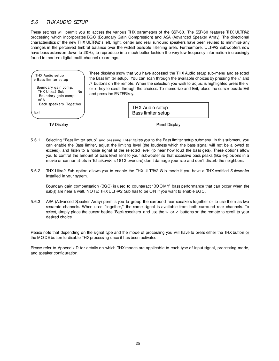 Classe Audio SSP-60 owner manual THX Audio Setup, THX Audio setup Bass limiter setup 