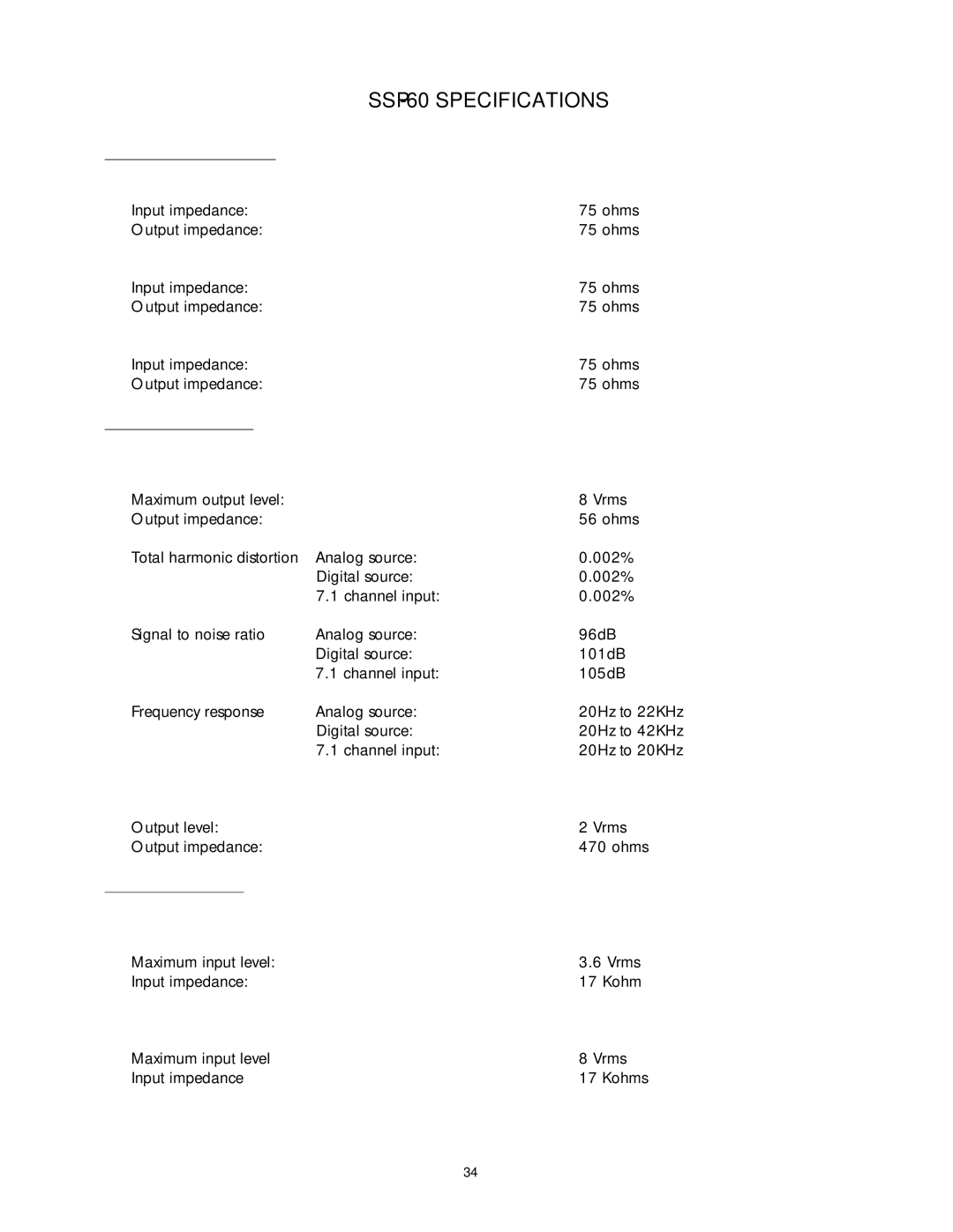 Classe Audio SSP-60 owner manual Input impedance Ohms Output impedance, Output level Vrms Output impedance Ohms 
