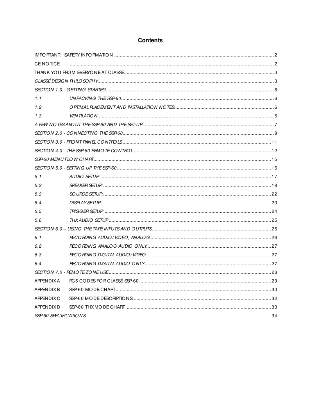 Classe Audio SSP-60 owner manual Contents 