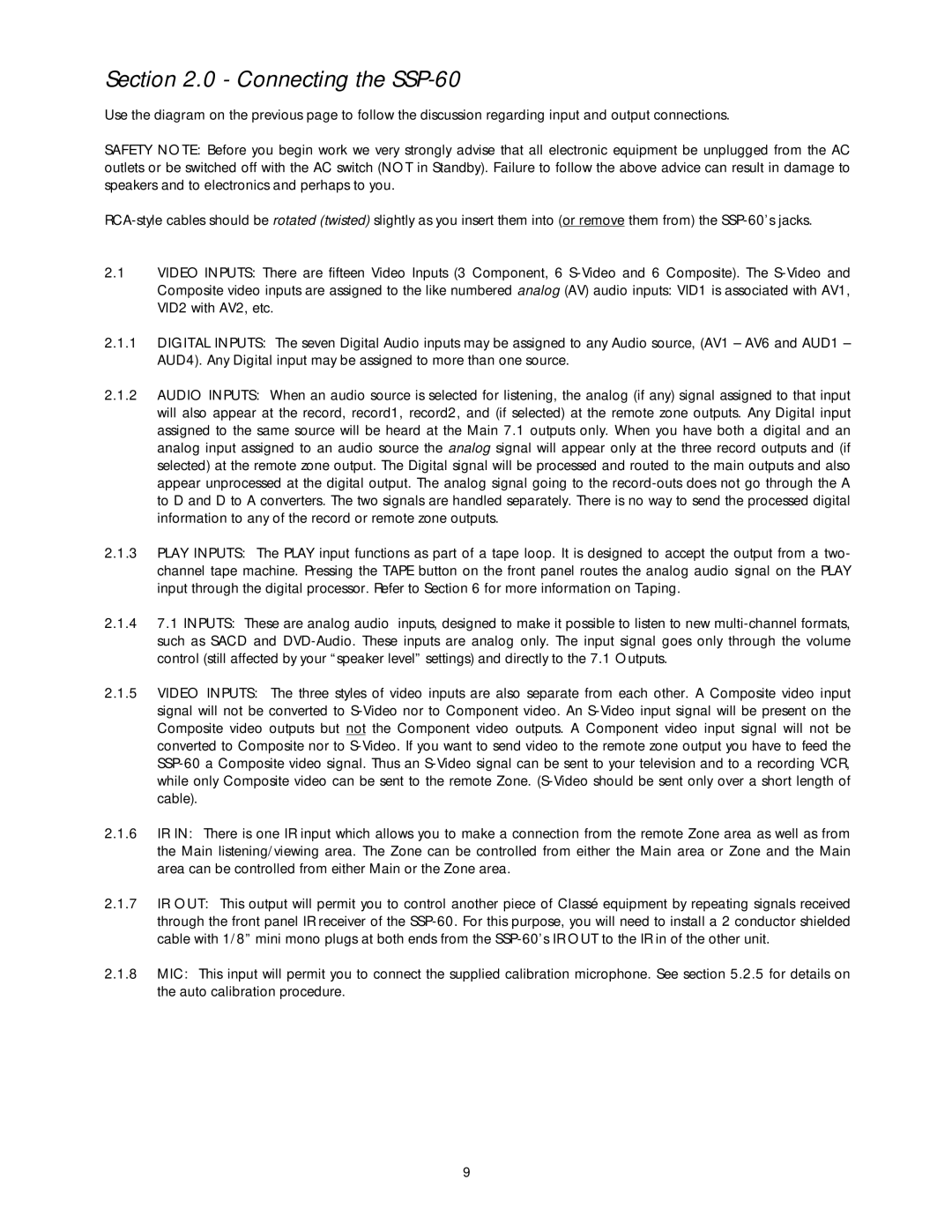 Classe Audio owner manual Connecting the SSP-60 