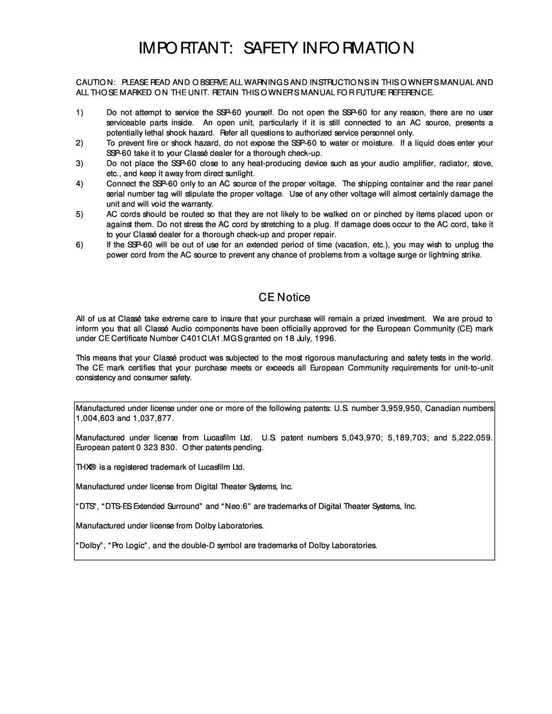 Classe Audio SSP-60 owner manual Important Safety Information, CE Notice 