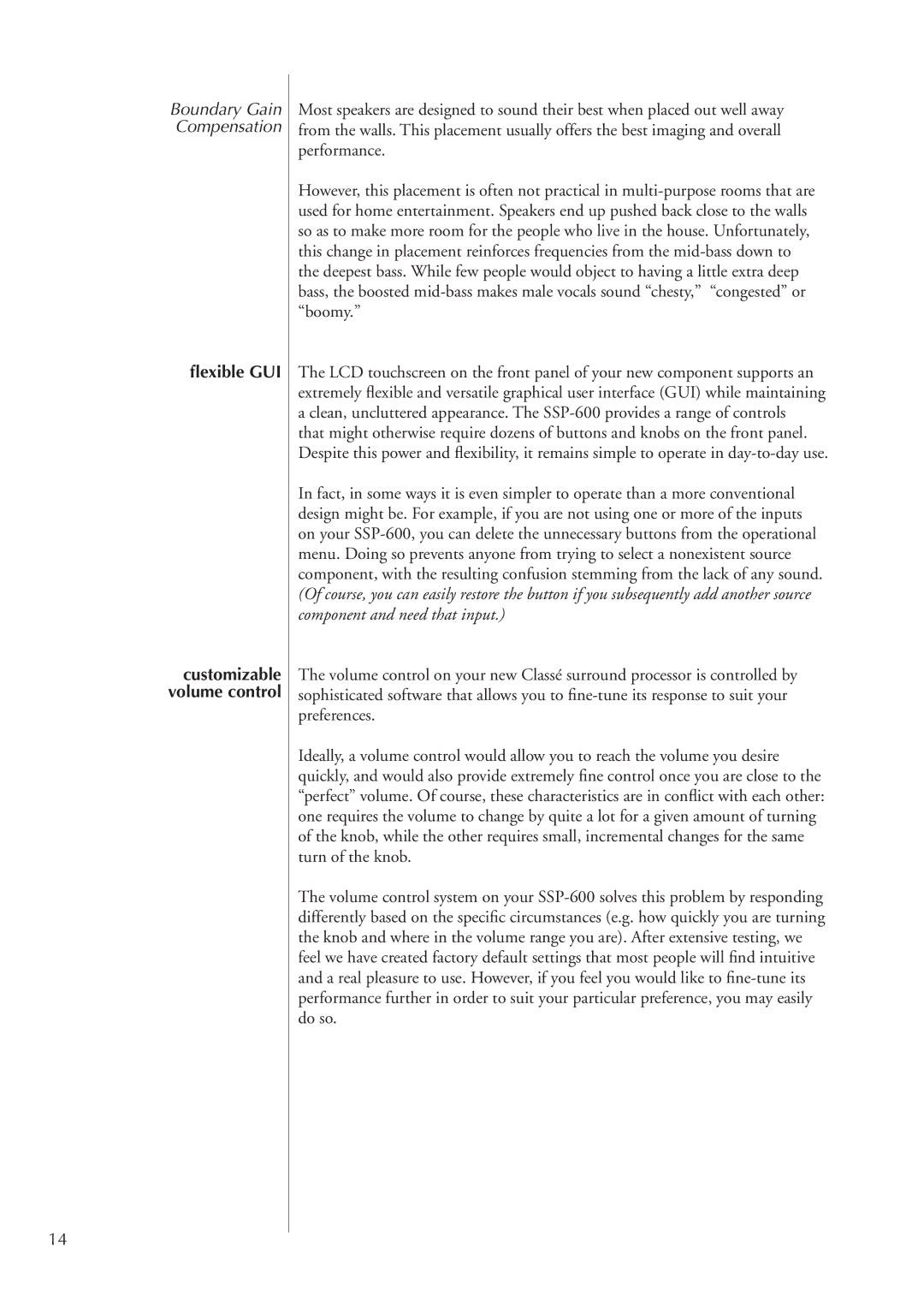 Classe Audio SSP-600 owner manual Boundary Gain Compensation, ﬂexible GUI 