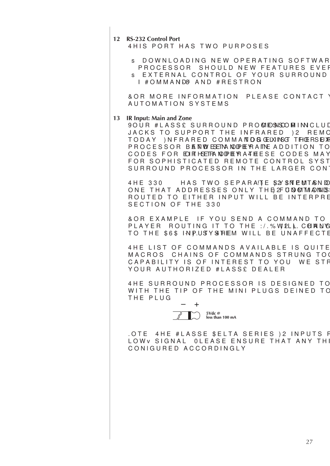 Classe Audio SSP-600 owner manual IR Input Main and Zone, 12 RS-232 Control Port This port has two purposes 
