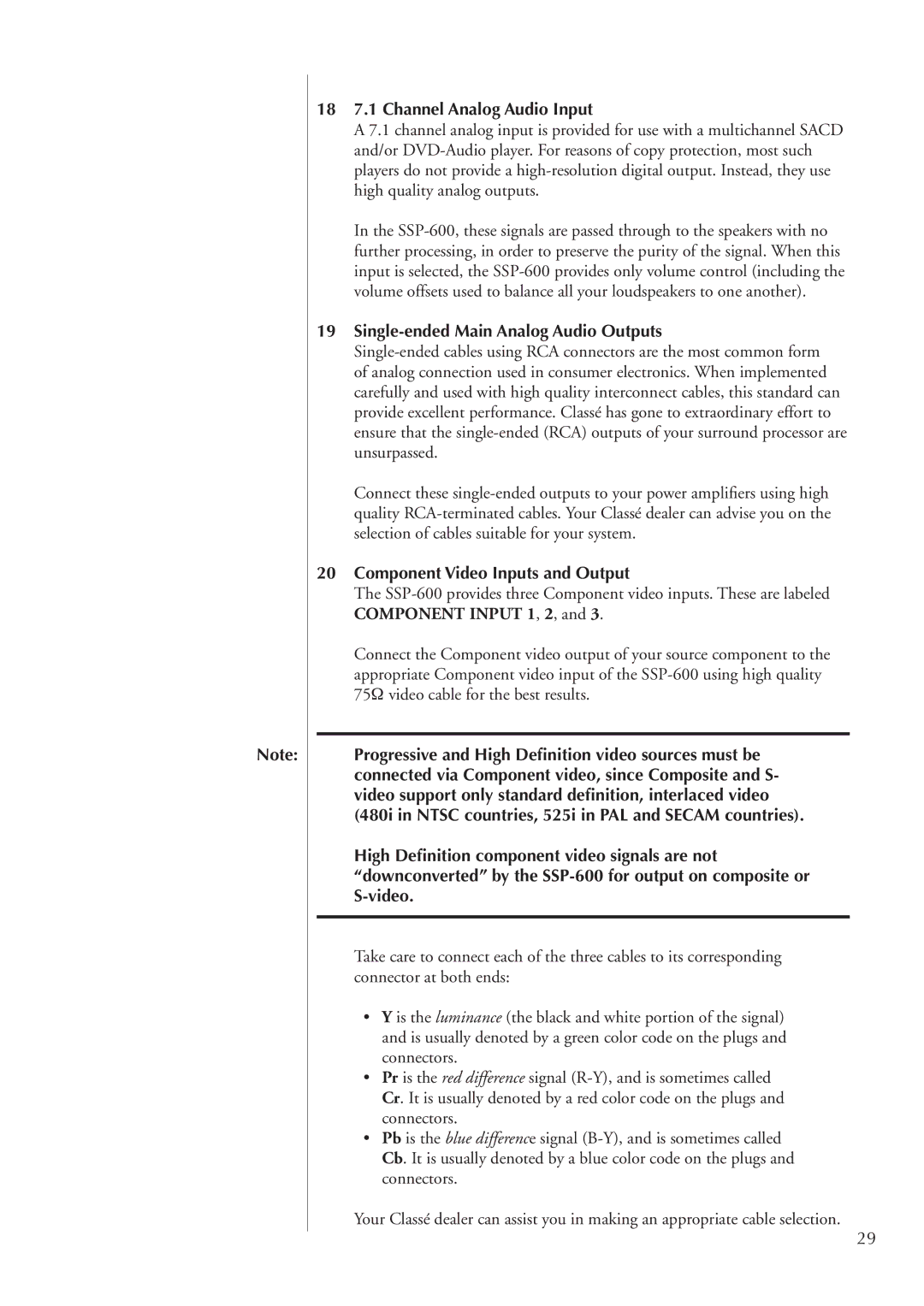 Classe Audio SSP-600 owner manual 18 7.1 Channel Analog Audio Input, Single-ended Main Analog Audio Outputs 