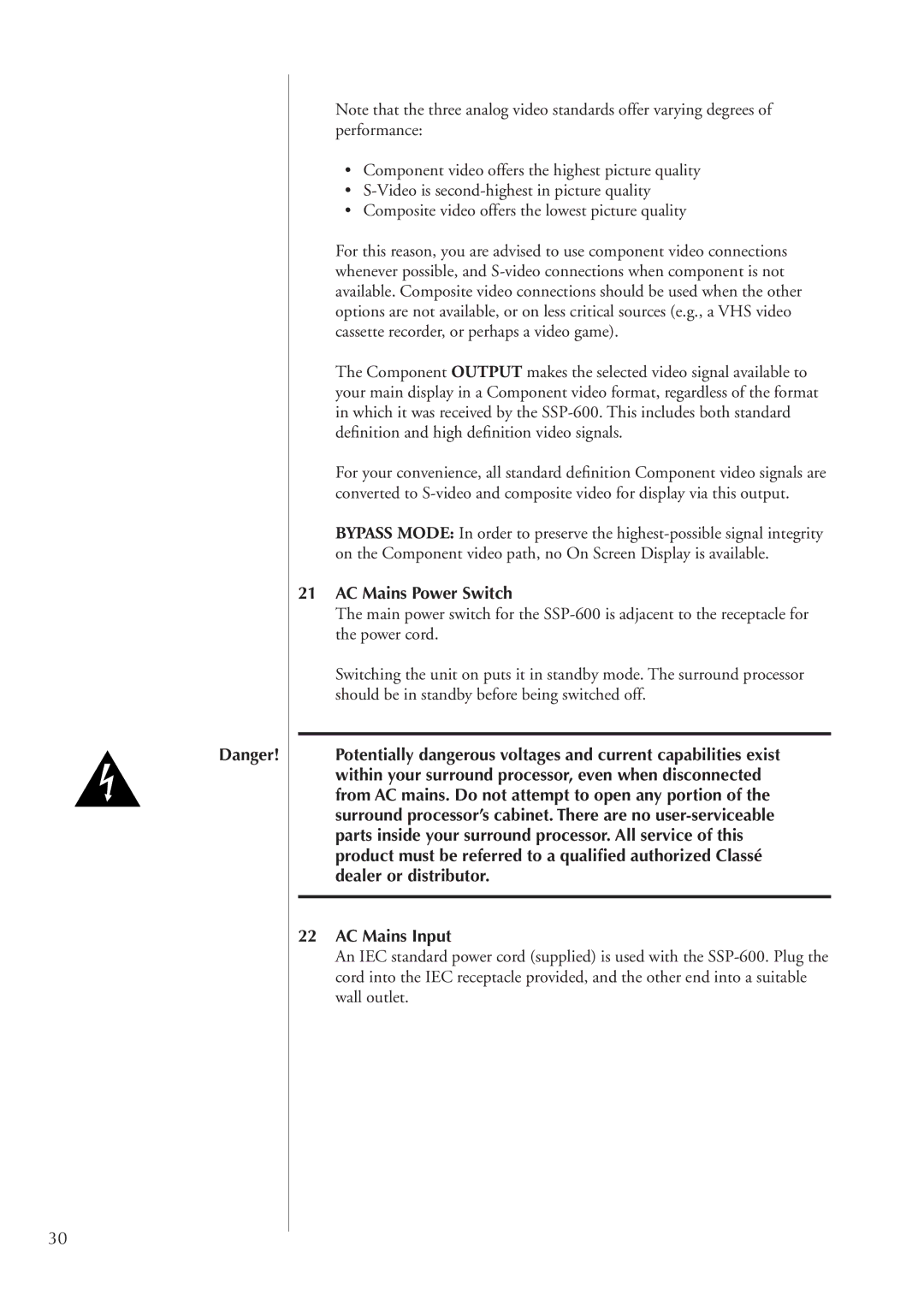 Classe Audio SSP-600 owner manual AC Mains Power Switch, AC Mains Input 