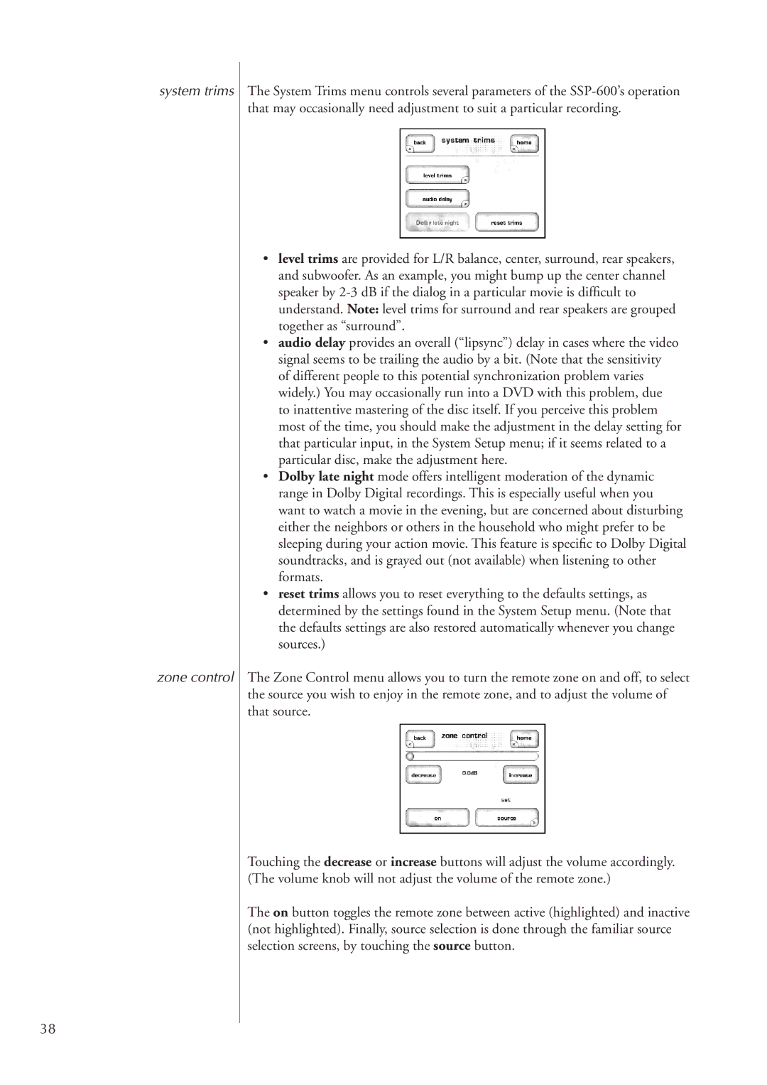 Classe Audio SSP-600 owner manual System trims Zone control 