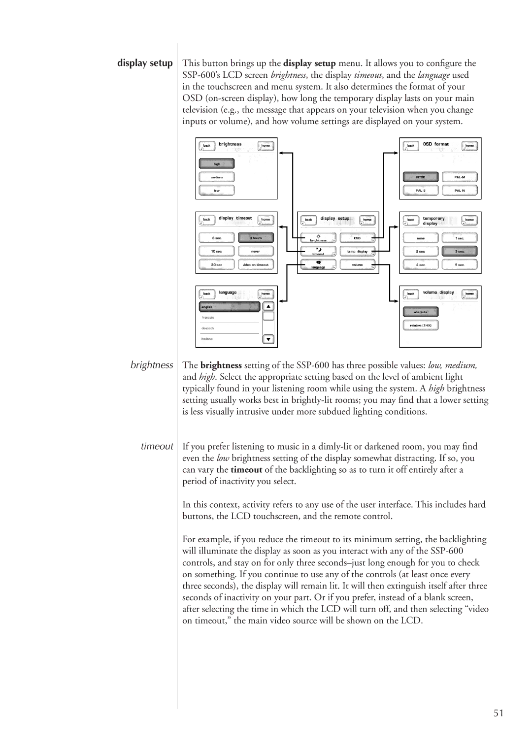 Classe Audio SSP-600 owner manual Display setup, Brightness Timeout 