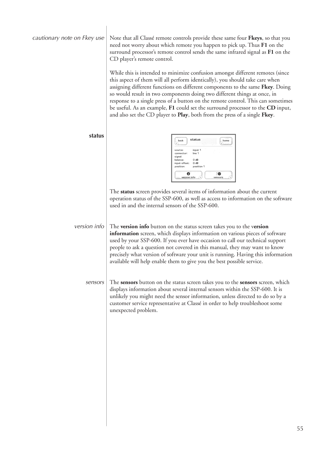 Classe Audio SSP-600 owner manual Status, Version info Sensors 