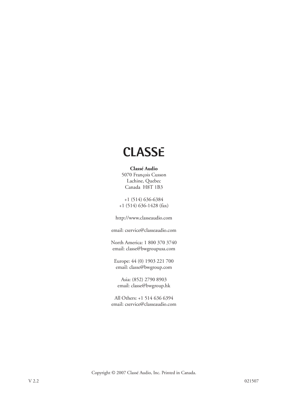 Classe Audio SSP-600 owner manual Asia 852 2790 Email classe@bwgroup.hk 