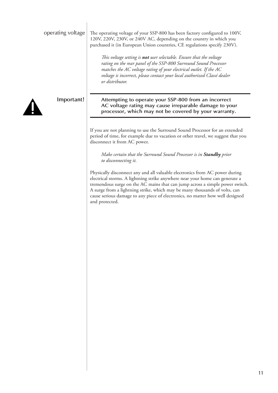 Classe Audio SSP-800 owner manual Operating voltage 