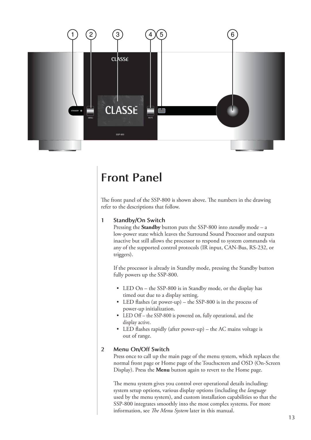 Classe Audio SSP-800 owner manual Front Panel, Standby/On Switch, Menu On/Off Switch 