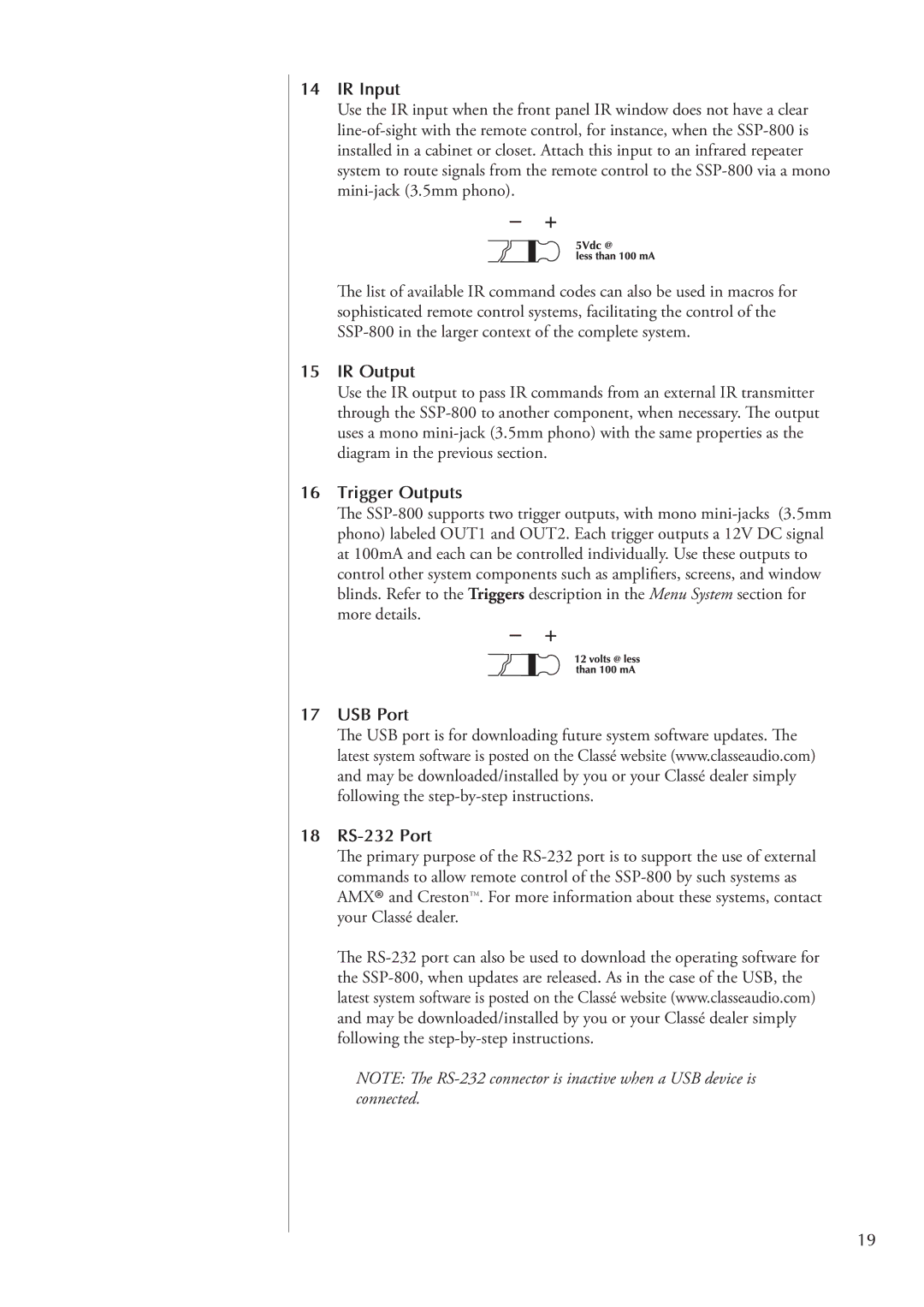 Classe Audio SSP-800 owner manual IR Input, IR Output, Trigger Outputs, USB Port 18 RS-232 Port 