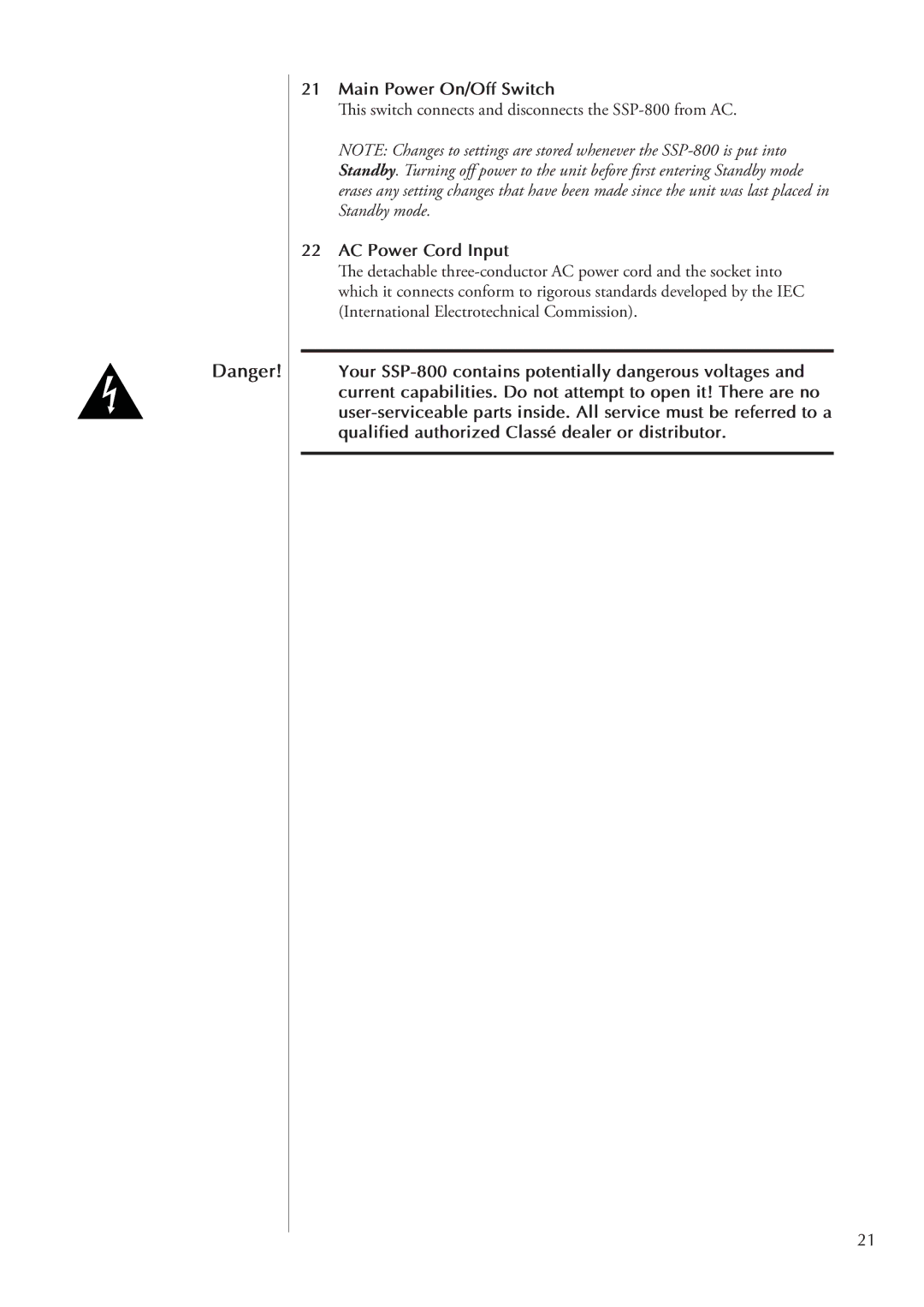 Classe Audio SSP-800 owner manual Main Power On/Off Switch, AC Power Cord Input 