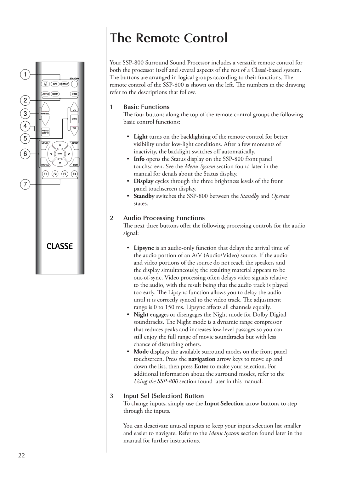 Classe Audio SSP-800 owner manual Remote Control, Basic Functions, Audio Processing Functions, Input Sel Selection Button 