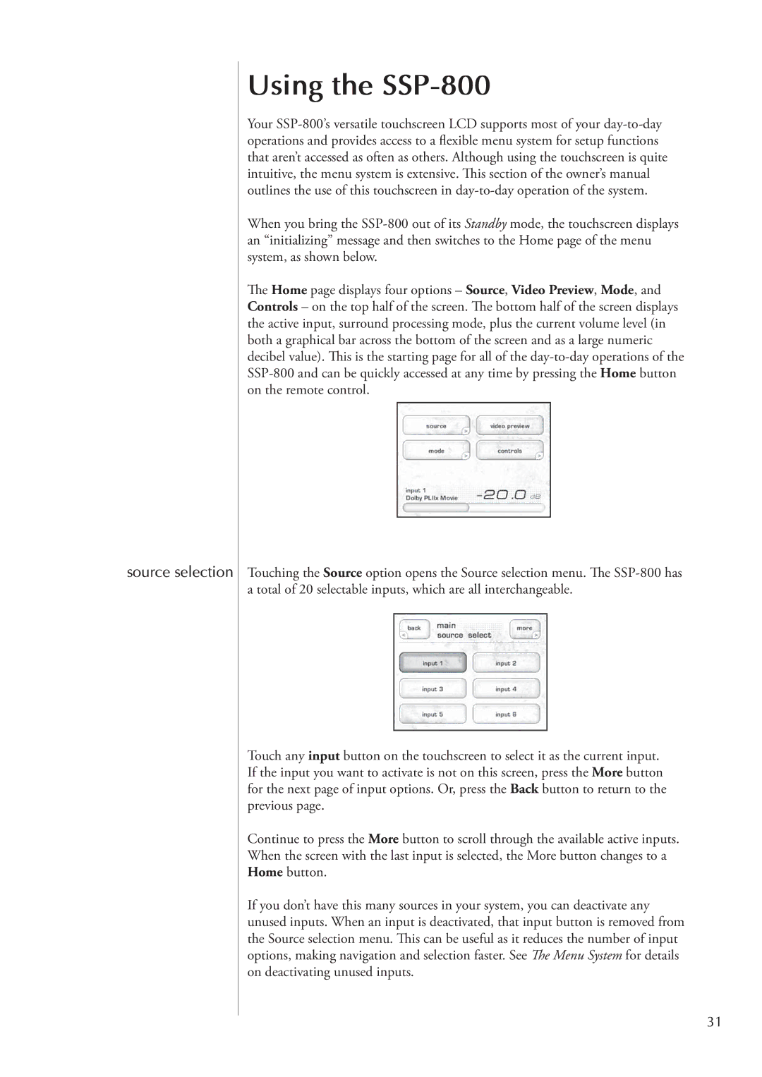 Classe Audio owner manual Using the SSP-800, Source selection 