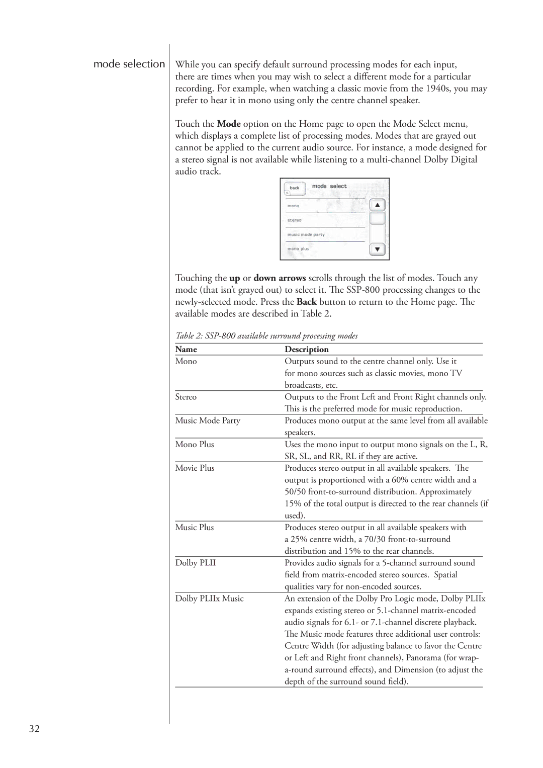 Classe Audio SSP-800 owner manual Mode selection, Name Description 