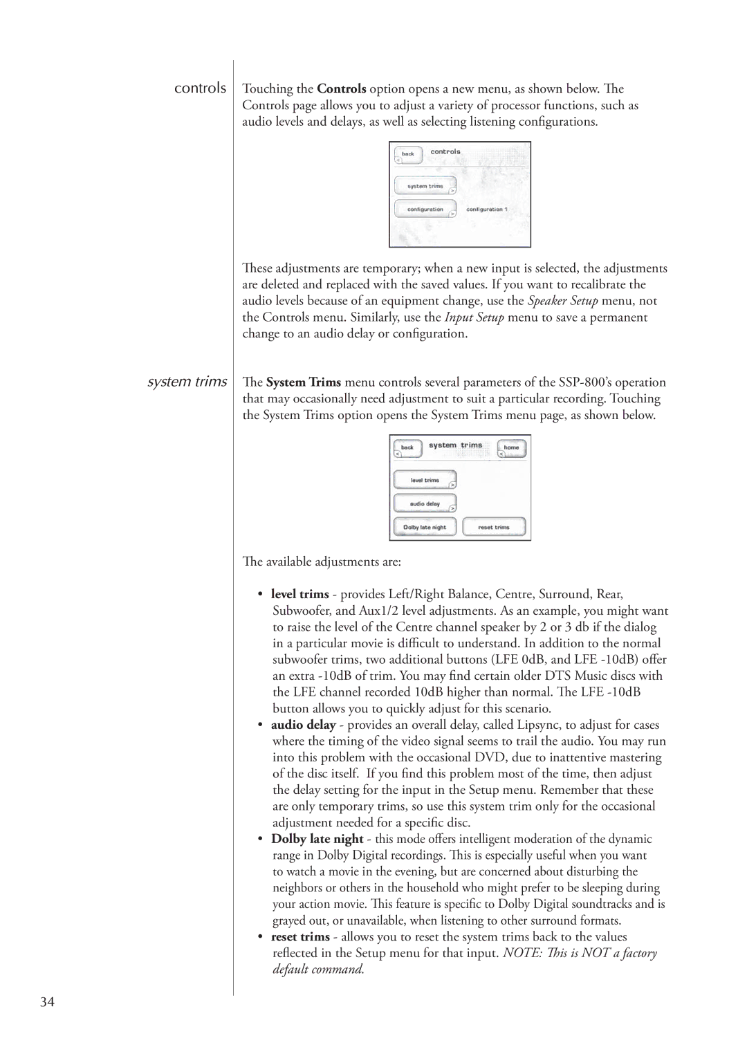 Classe Audio SSP-800 owner manual Controls, System trims 