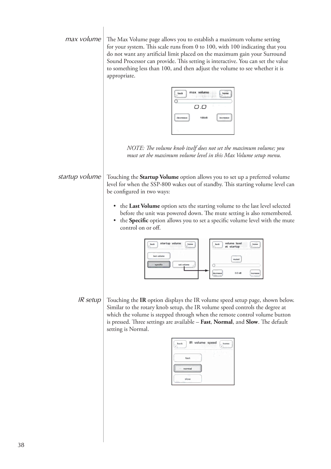 Classe Audio SSP-800 owner manual Max volume Startup volume IR setup 