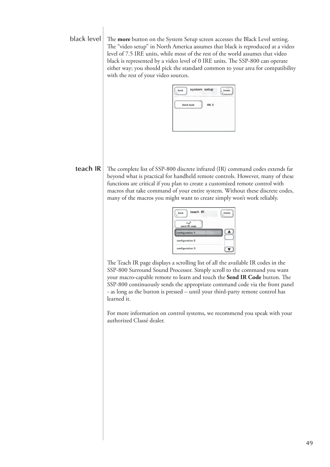 Classe Audio SSP-800 owner manual Black level, Teach IR 