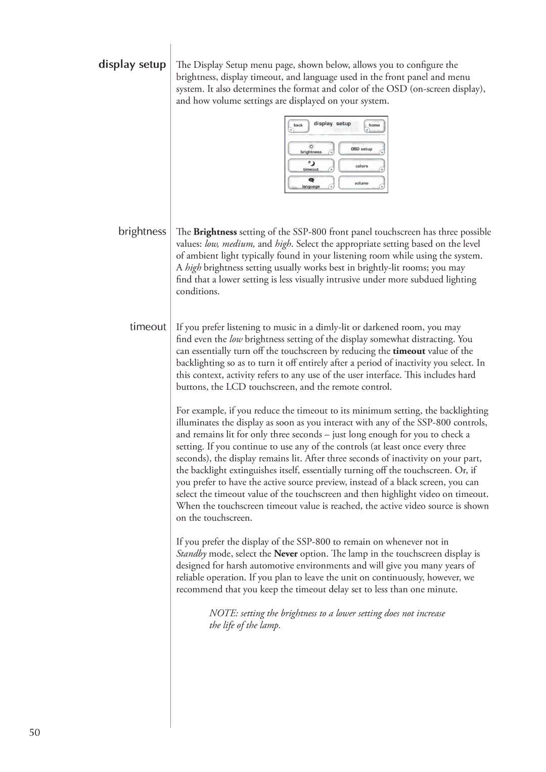 Classe Audio SSP-800 owner manual Display setup, Brightness Timeout 