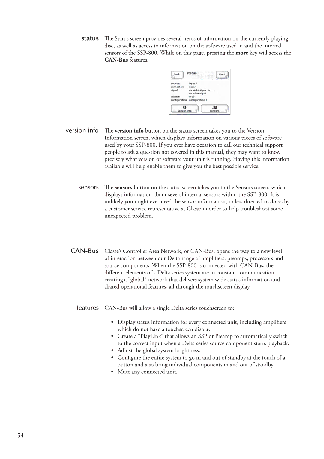 Classe Audio SSP-800 owner manual Version info Sensors, Features 