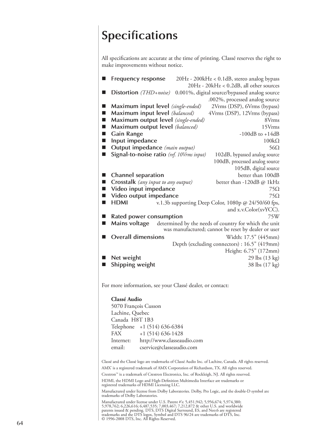 Classe Audio SSP-800 owner manual Specifications, Overall dimensions, Net weight, Shipping weight 