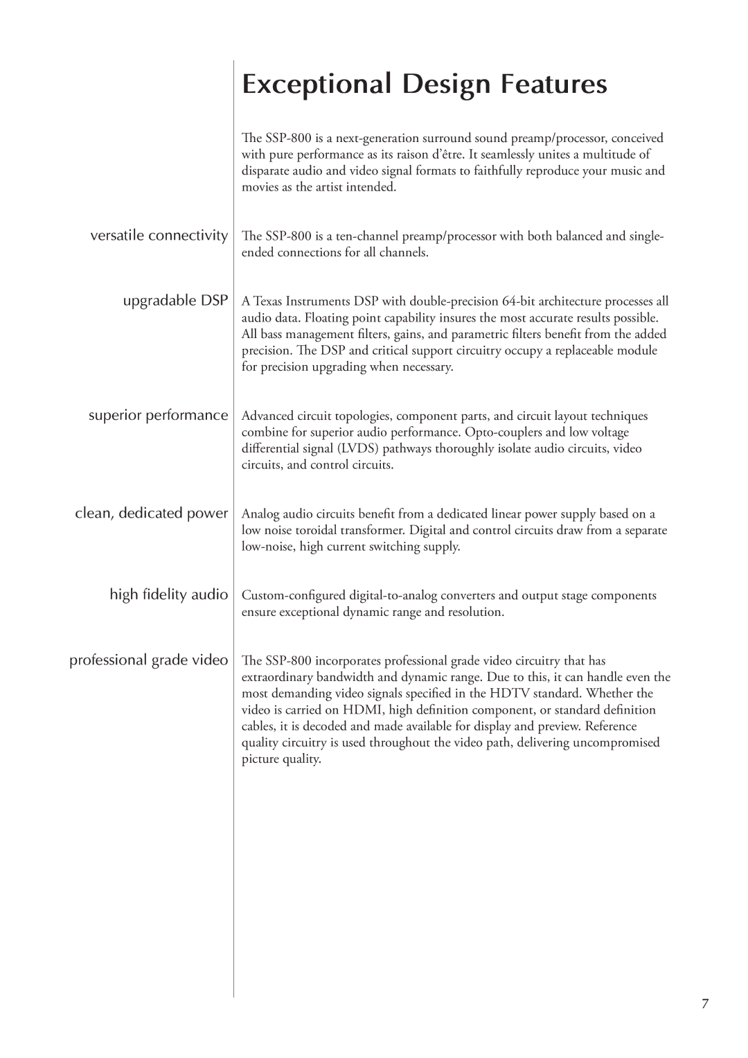 Classe Audio SSP-800 owner manual Exceptional Design Features 