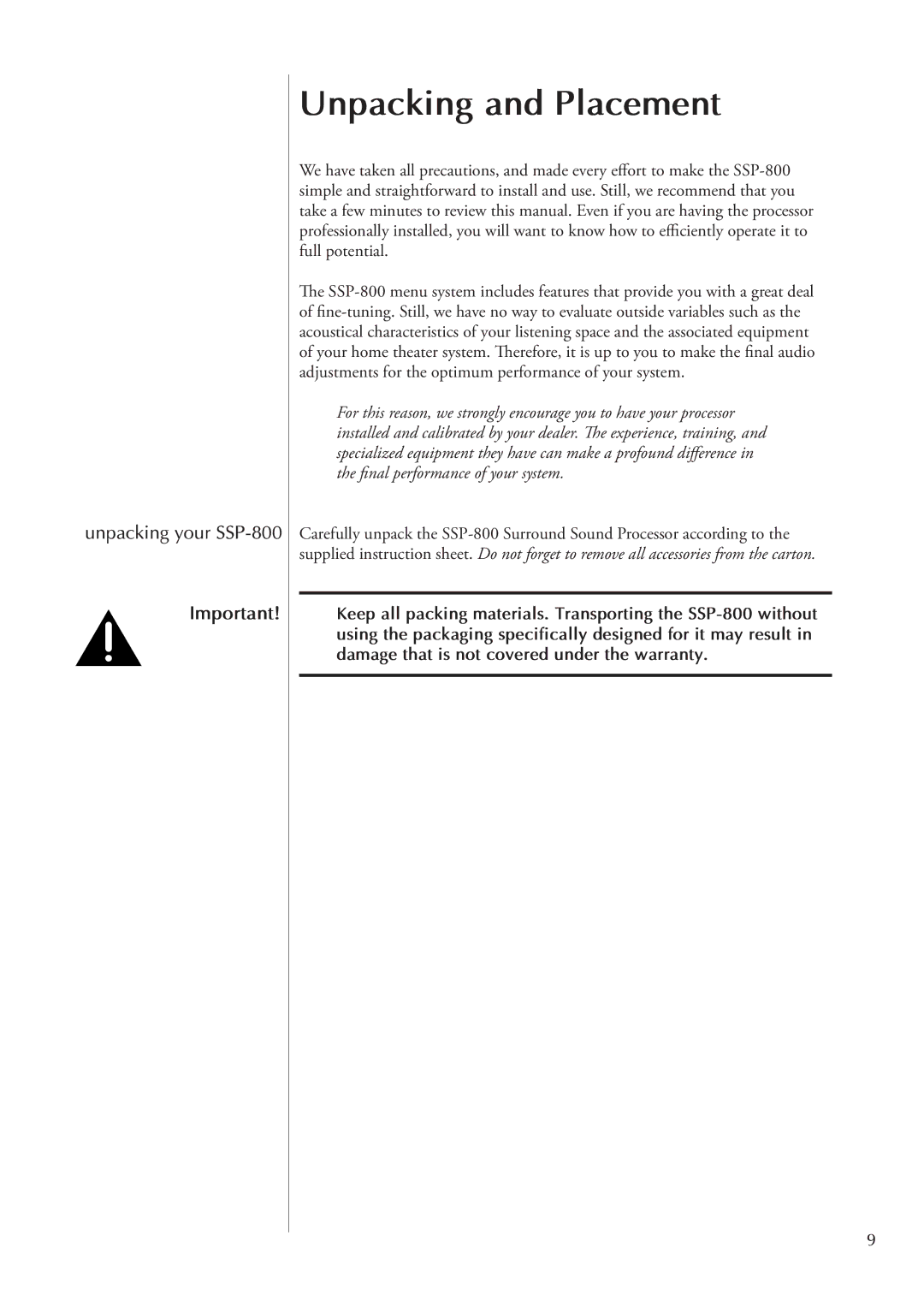 Classe Audio owner manual Unpacking and Placement, Unpacking your SSP-800 