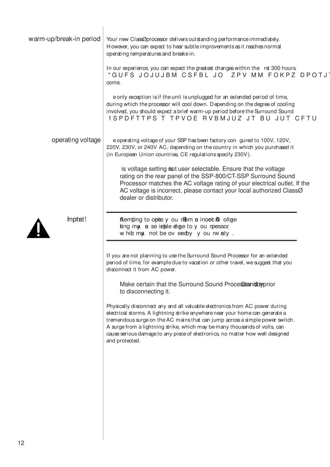 Classe Audio SSP-800/CT-SSP owner manual Warm-up/break-in period Operating voltage 