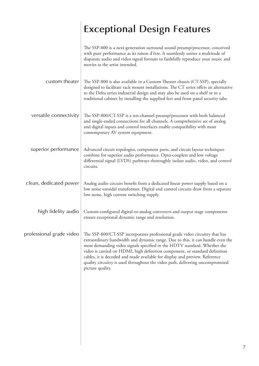 Classe Audio SSP-800/CT-SSP owner manual Exceptional Design Features 