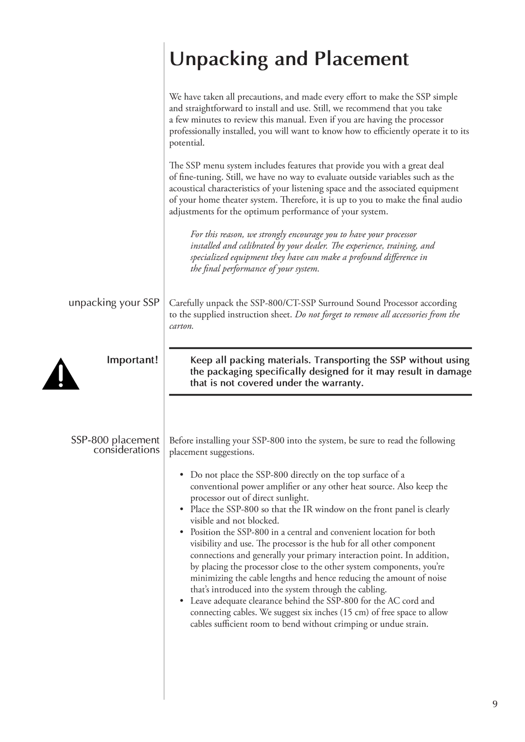 Classe Audio SSP-800/CT-SSP owner manual Unpacking and Placement, Unpacking your SSP 