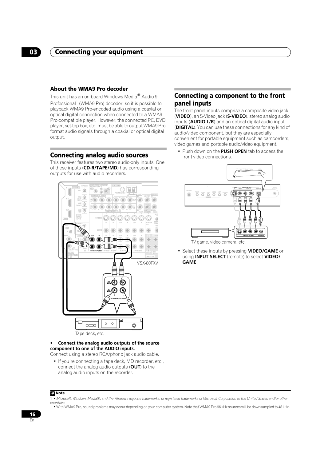 Classe Audio VSX-80TXV Connecting analog audio sources, Connecting a component to the front panel inputs, Tape deck, etc 