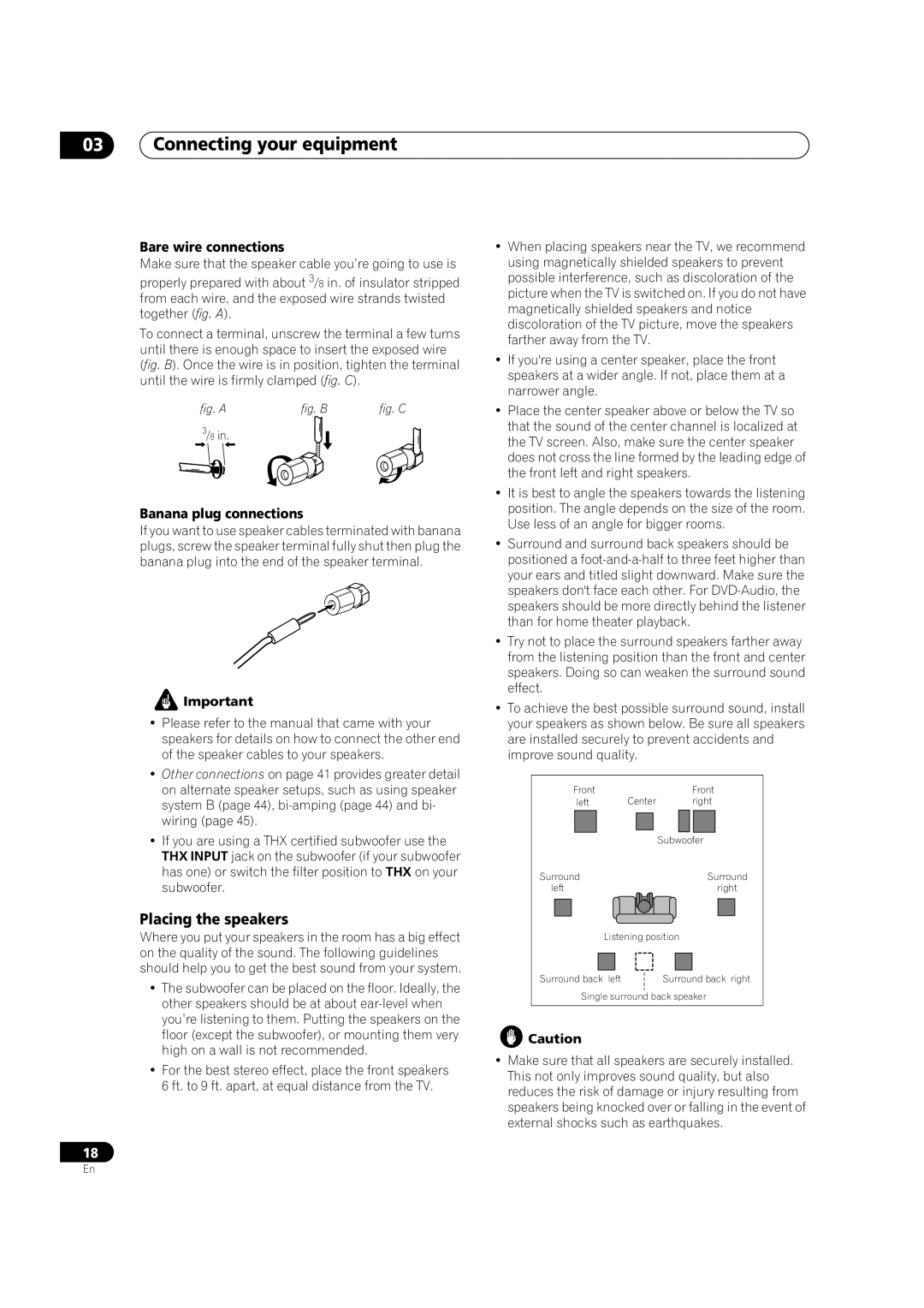 Classe Audio VSX-80TXV-S manual Placing the speakers, Bare wire connections, Banana plug connections 