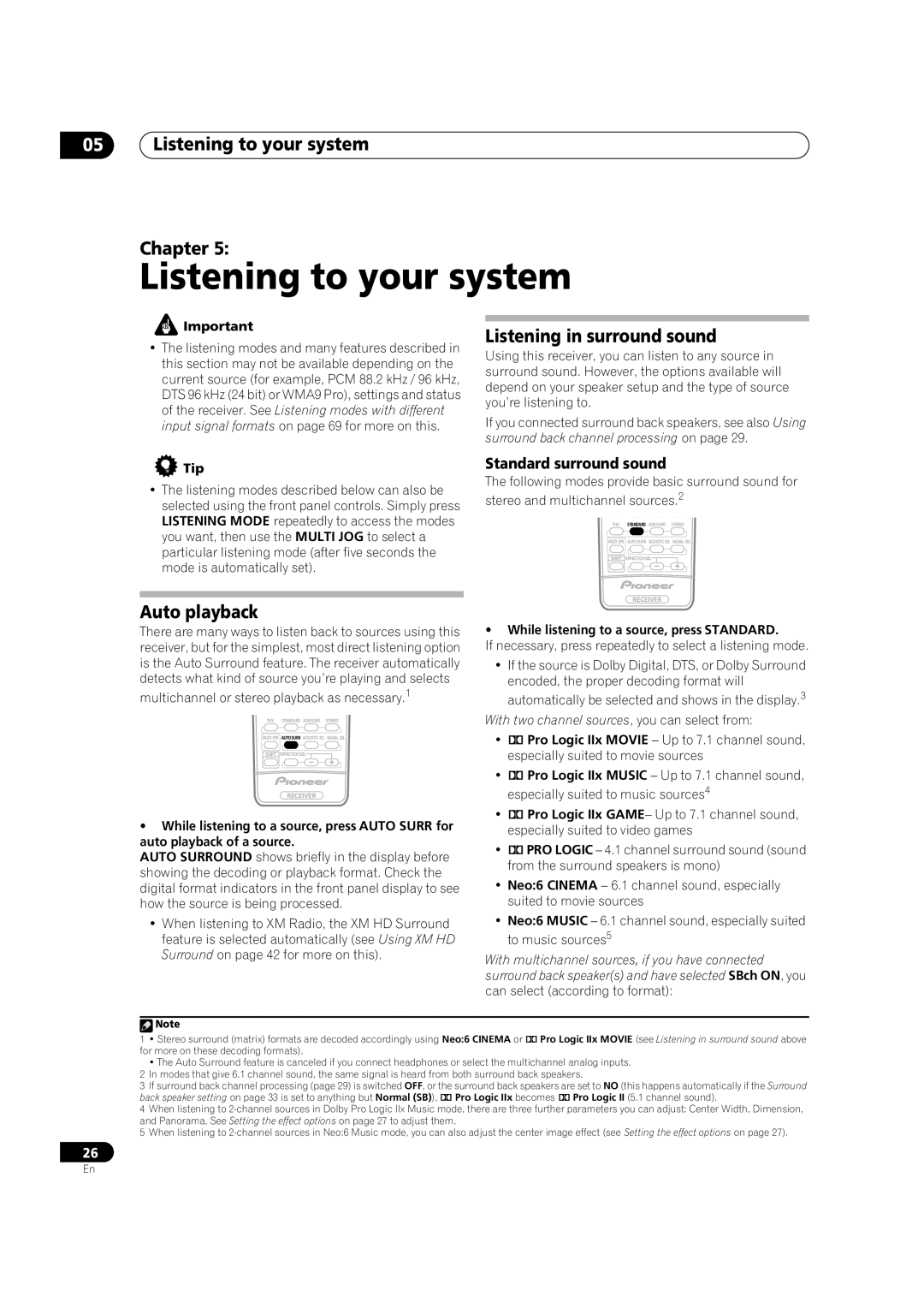 Classe Audio VSX-80TXV-S manual Listening to your system Chapter, Auto playback Listening in surround sound 