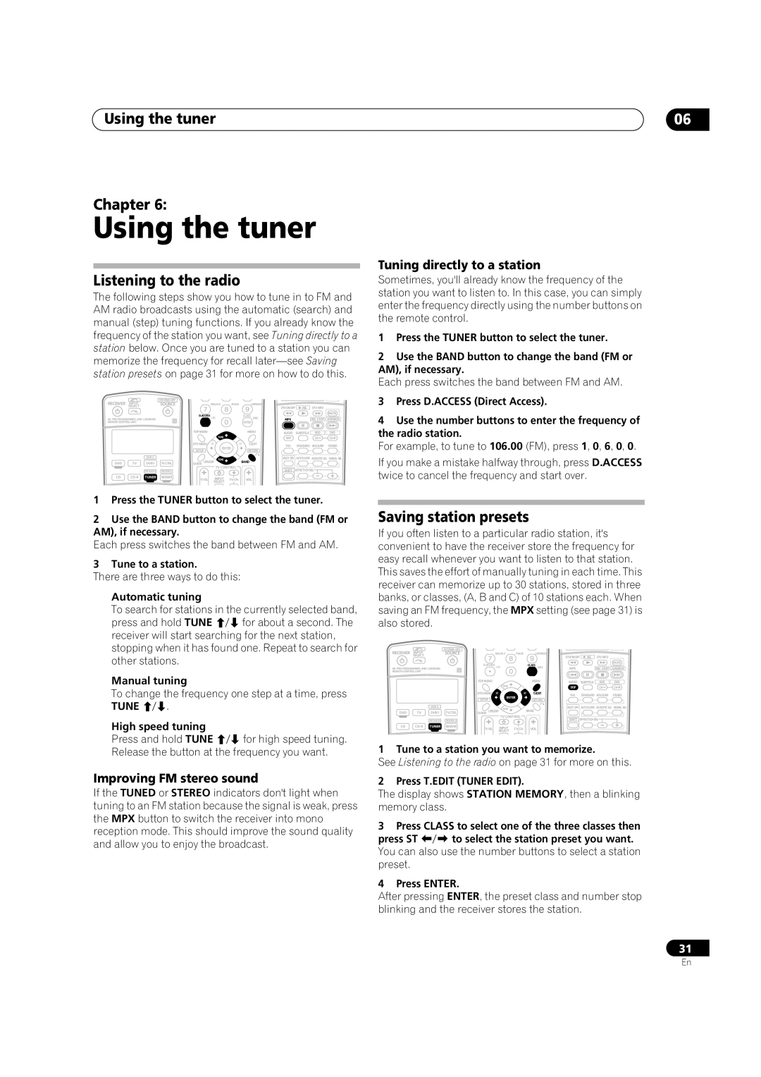 Classe Audio VSX-80TXV-S manual Using the tuner Chapter, Listening to the radio, Saving station presets 