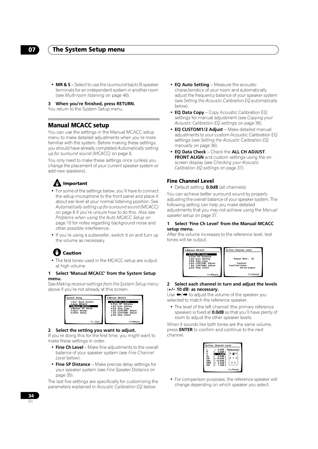 Classe Audio VSX-80TXV-S manual System Setup menu, Manual Mcacc setup, Fine Channel Level 