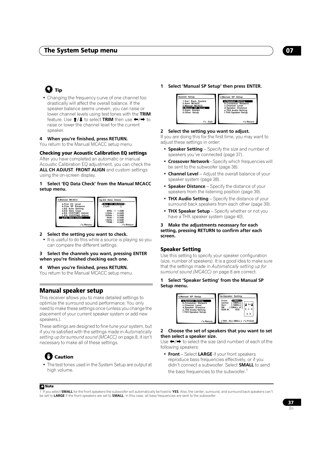 Classe Audio VSX-80TXV-S manual Manual speaker setup, Speaker Setting, Checking your Acoustic Calibration EQ settings 