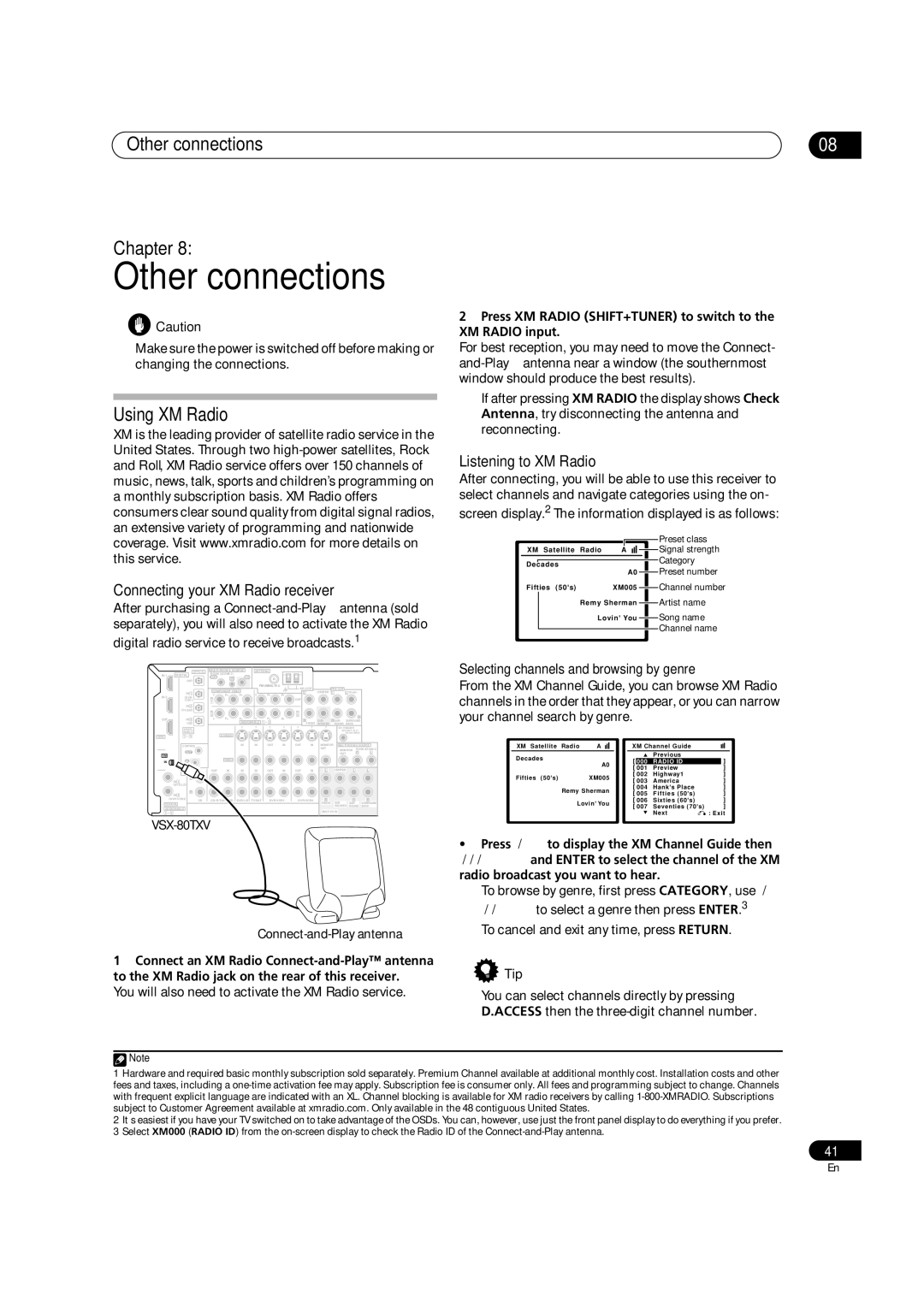 Classe Audio VSX-80TXV-S manual Other connections Chapter, Using XM Radio, Connecting your XM Radio receiver 