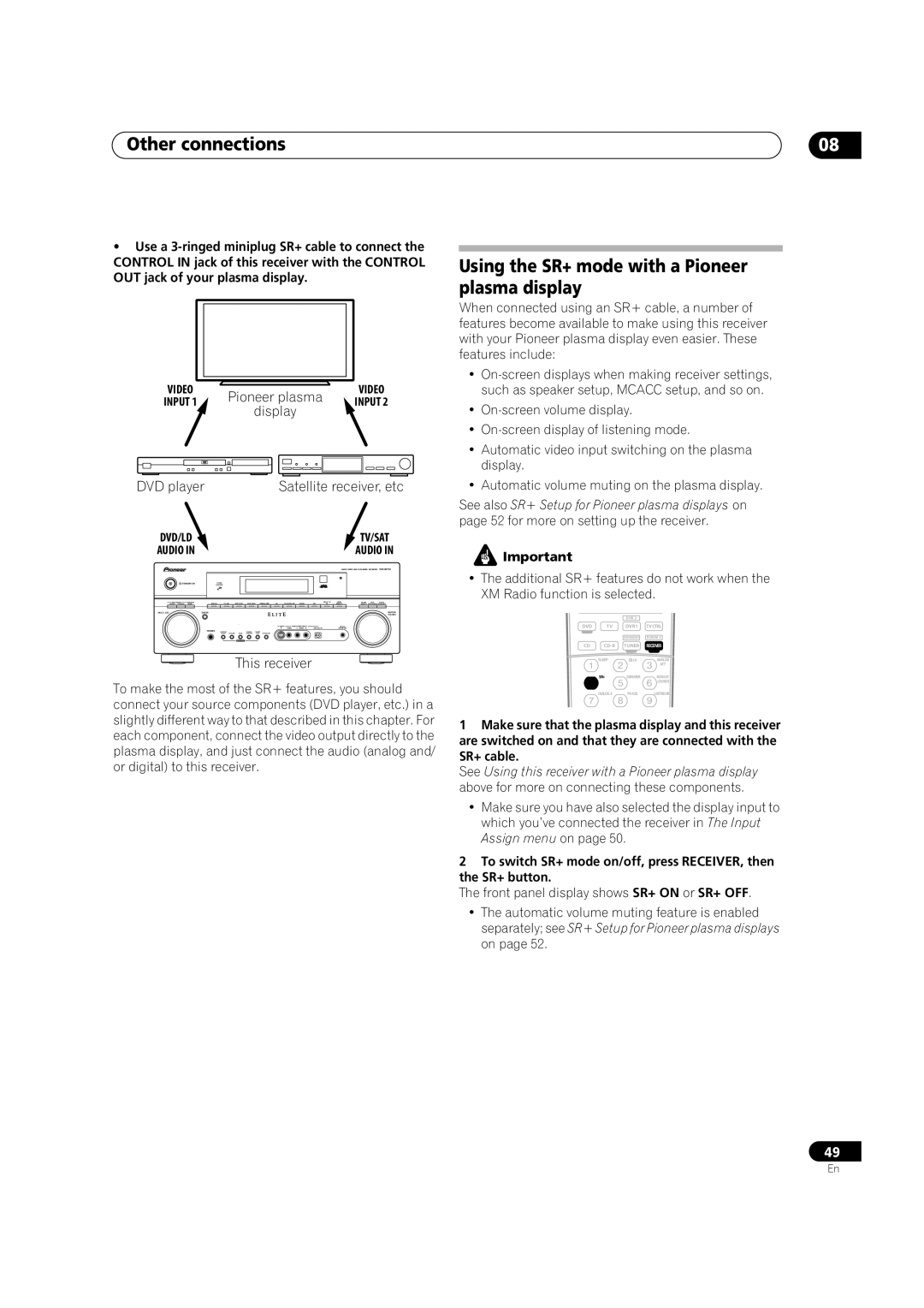 Classe Audio VSX-80TXV-S manual Using the SR+ mode with a Pioneer plasma display, DVD player, Dvd/Ld, Audio 