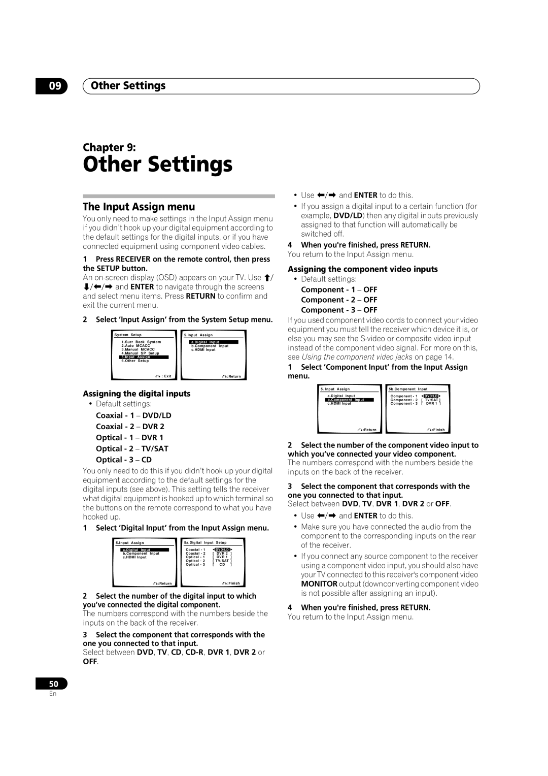 Classe Audio VSX-80TXV-S manual Other Settings Chapter, Input Assign menu, Assigning the digital inputs 