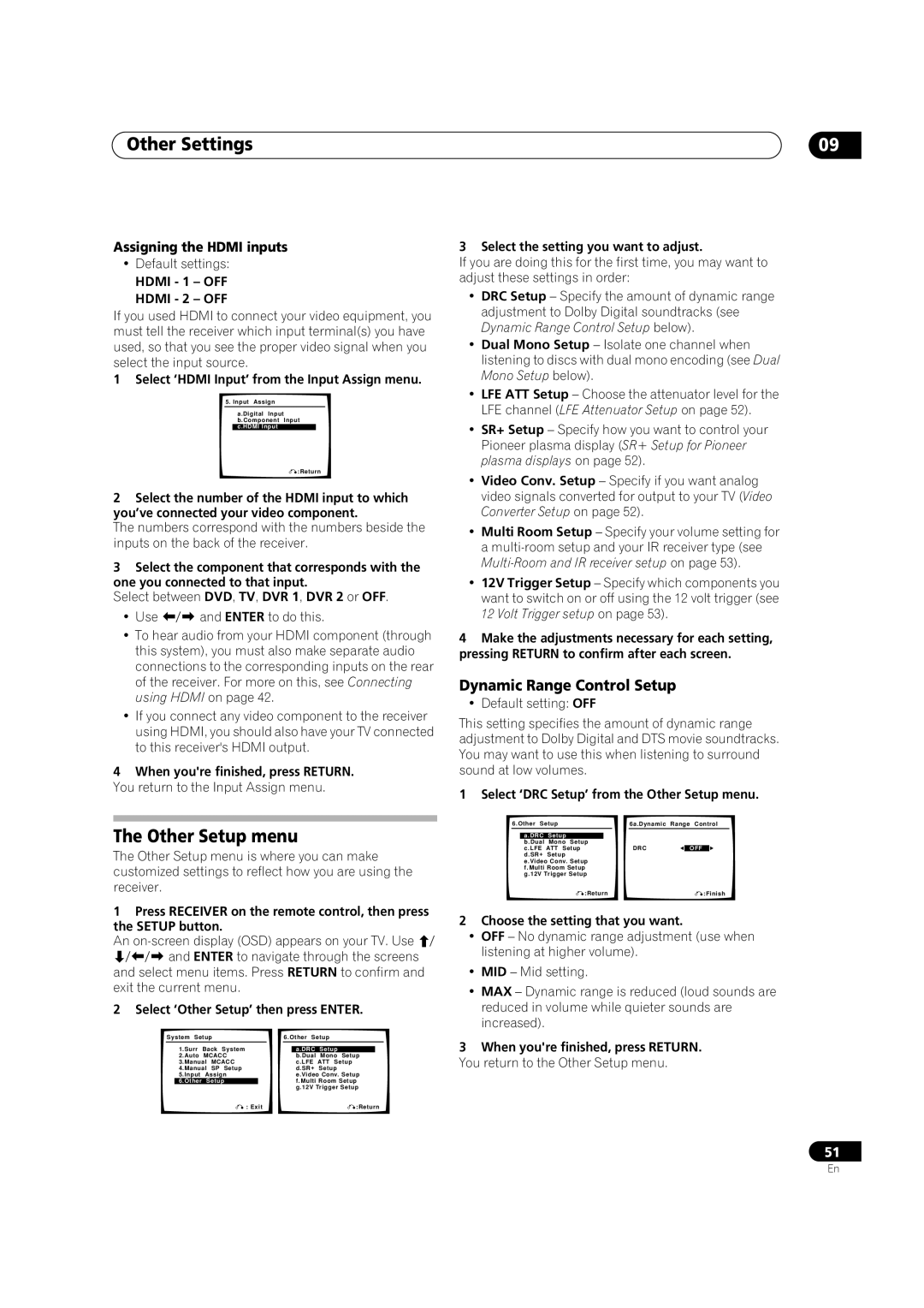 Classe Audio VSX-80TXV-S manual Other Settings, Other Setup menu, Dynamic Range Control Setup, Assigning the Hdmi inputs 